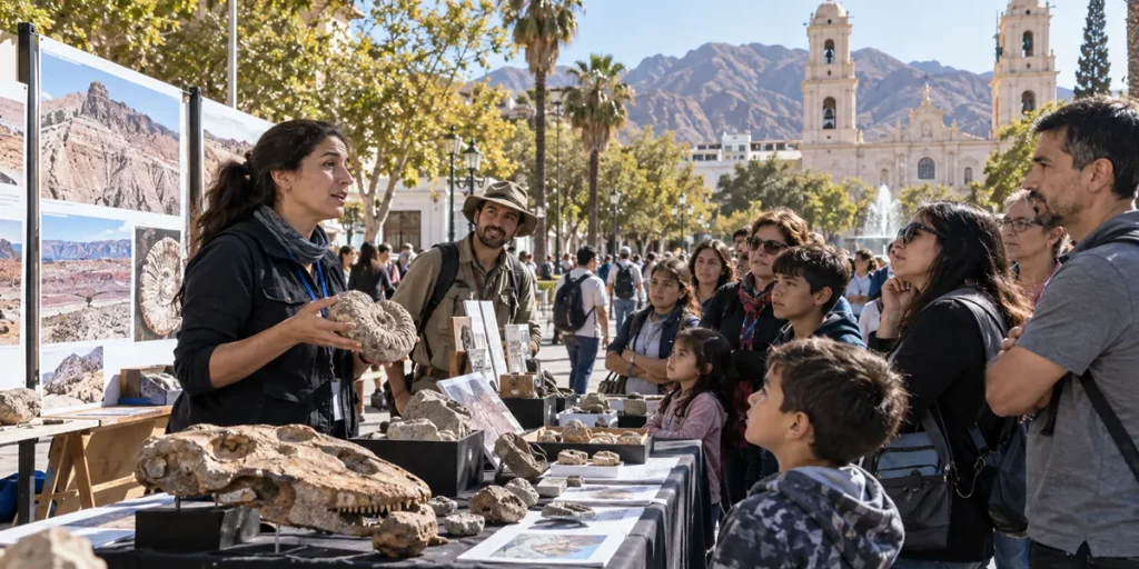 Especialista explica fósiles, rocas y formaciones geológicas a familias y público general durante una actividad abierta en San Juan.