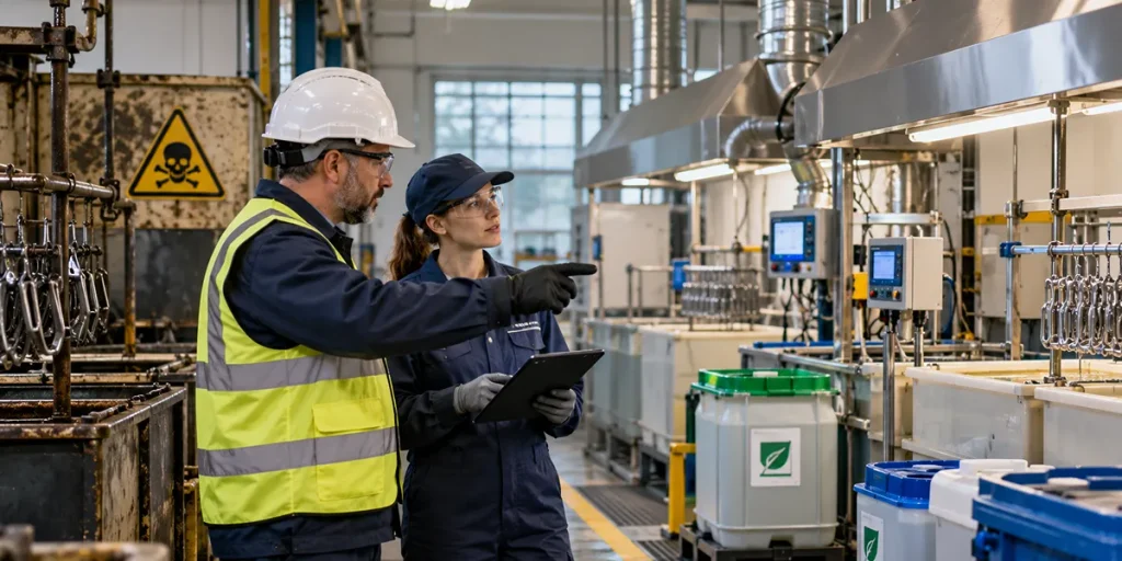 Personal técnico inspecciona instalaciones y sistemas de control de una planta industrial dedicada al tratamiento y recubrimiento de piezas metálicas.