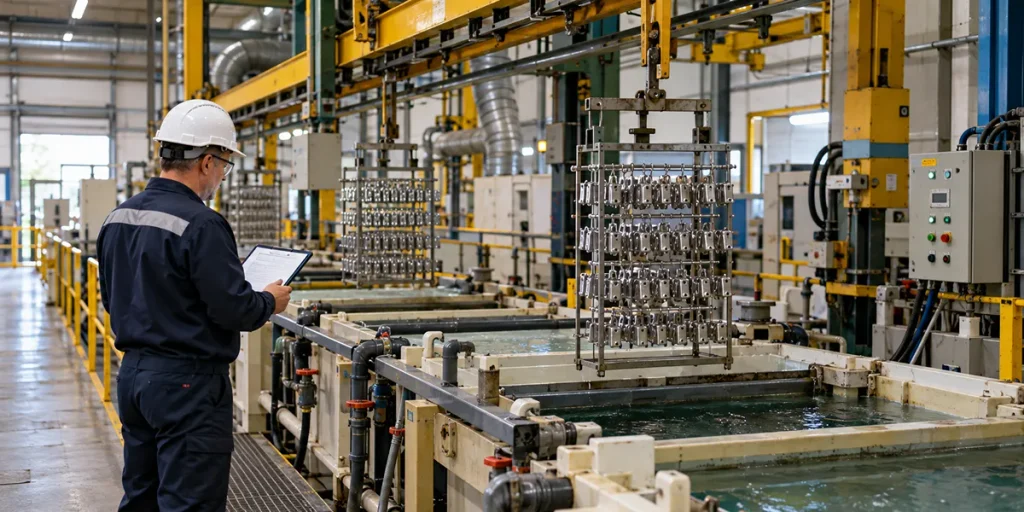 Línea industrial de galvanoplastia con cubas de tratamiento, sistemas automatizados y piezas metálicas suspendidas durante el proceso de recubrimiento.
