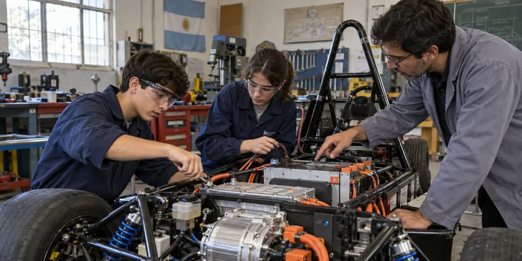 Estudiantes de educación técnica trabajan sobre baterías, cableado y sistema de propulsión de un vehículo eléctrico dentro de un taller automotor.