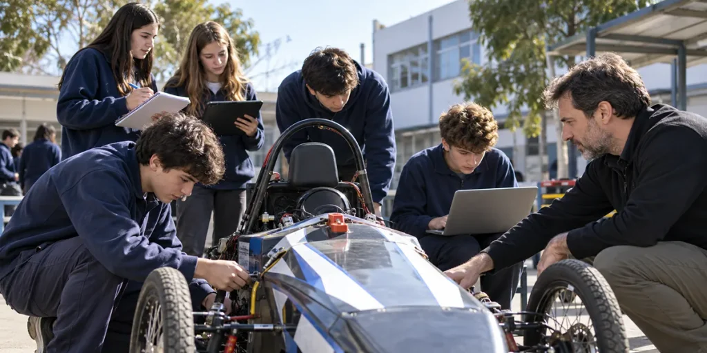 Alumnos y docente realizan ajustes técnicos sobre un auto eléctrico de competencia durante una instancia práctica de trabajo en equipo.