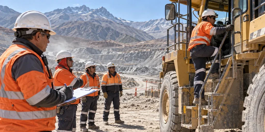 Contenido Original de ACERO Y ROCA – Prohibida su reproducción Trabajadores y evaluadores supervisan a un operador de maquinaria pesada durante una instancia de certificación de competencias en una operación minera de alta montaña.