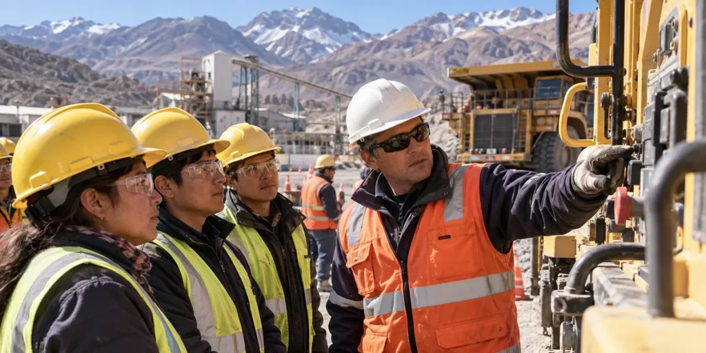 Contenido Original de ACERO Y ROCA – Prohibida su reproducción Instructor capacita a trabajadores en el funcionamiento y control de maquinaria pesada dentro de una operación minera de montaña.