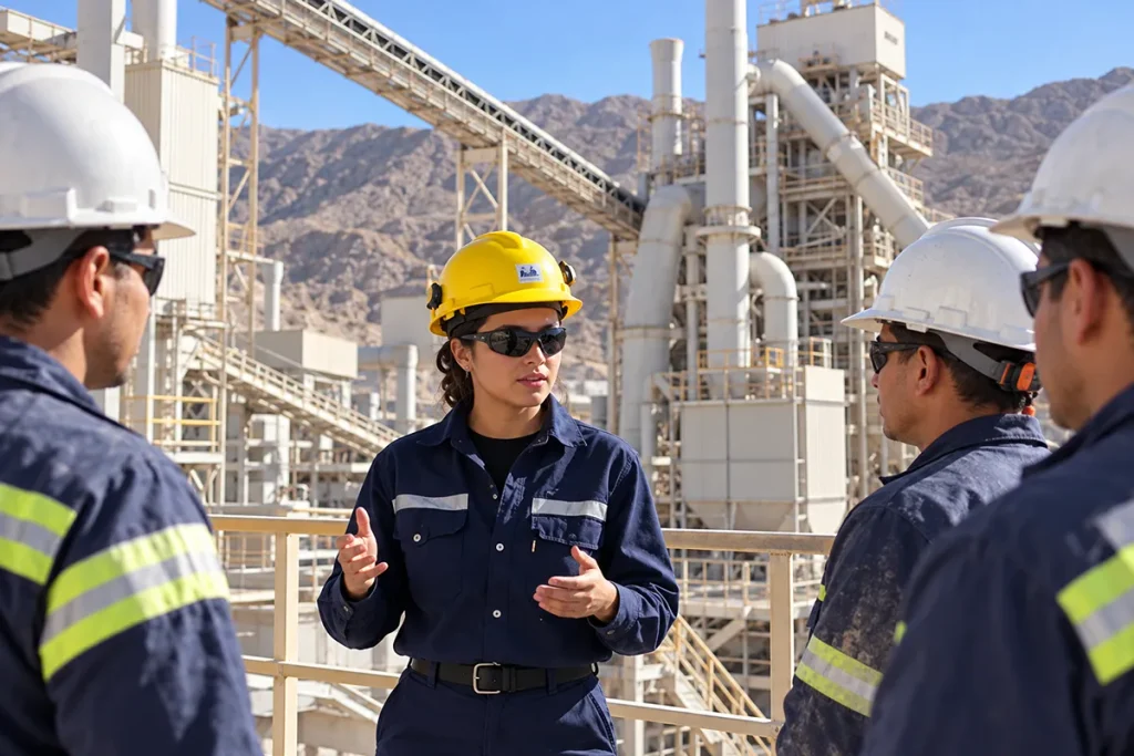 Integrante del equipo de Seguridad de Calera San Juan brinda una charla preventiva a trabajadores dentro de la planta industrial.