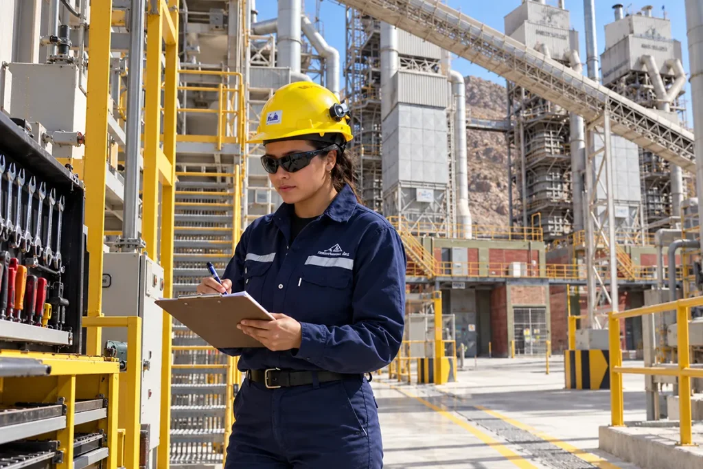Profesional de Seguridad inspecciona herramientas y condiciones de trabajo dentro de una planta calera industrial en San Juan.