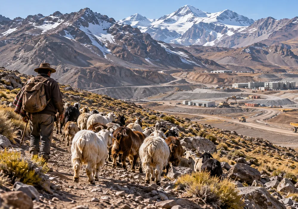 Criancero y ganado avanzan por una ruta tradicional de montaña junto a caminos e infraestructura vinculados con una operación minera en Calingasta.