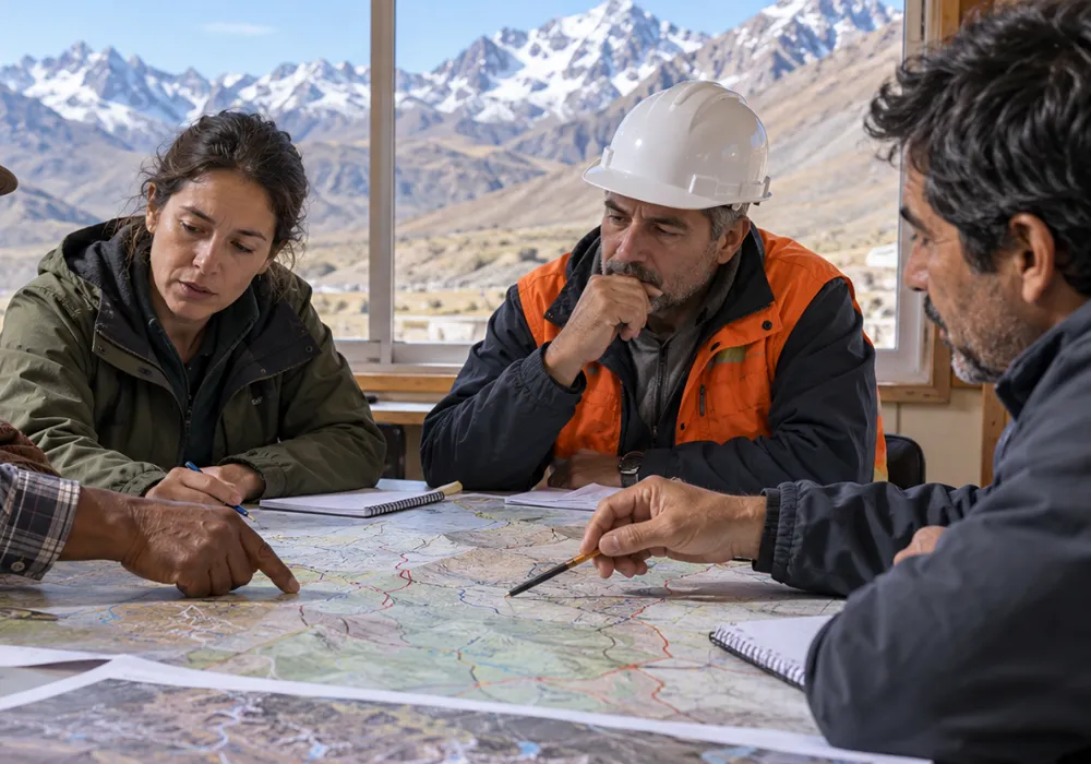 Criancero, profesionales, representante minero y actores institucionales analizan un mapa territorial de la cordillera durante una instancia de planificación conjunta.