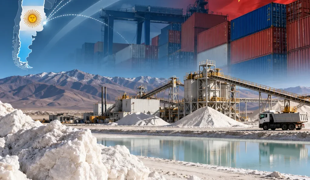 Contenido Original de ACERO Y ROCA – Prohibida su reproducción Cadena productiva y logística del litio argentino vinculada con el comercio internacional y el mercado chino de minerales críticos.