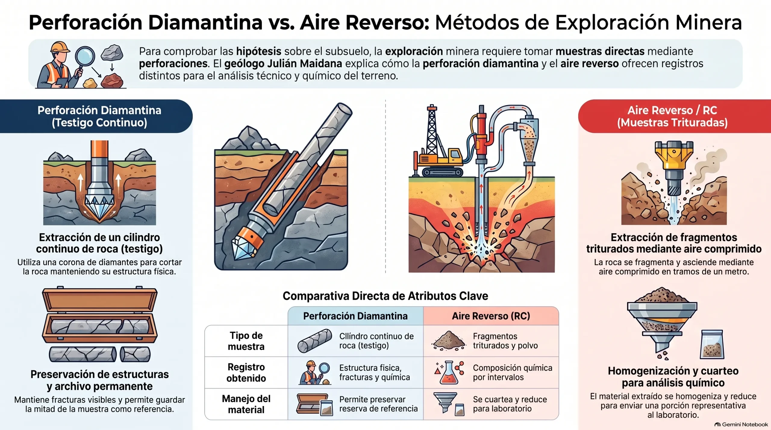 Infografía comparativa sobre métodos de perforación minera que muestra las diferencias entre el testigo continuo de la perforación diamantina y las muestras trituradas del aire reverso.