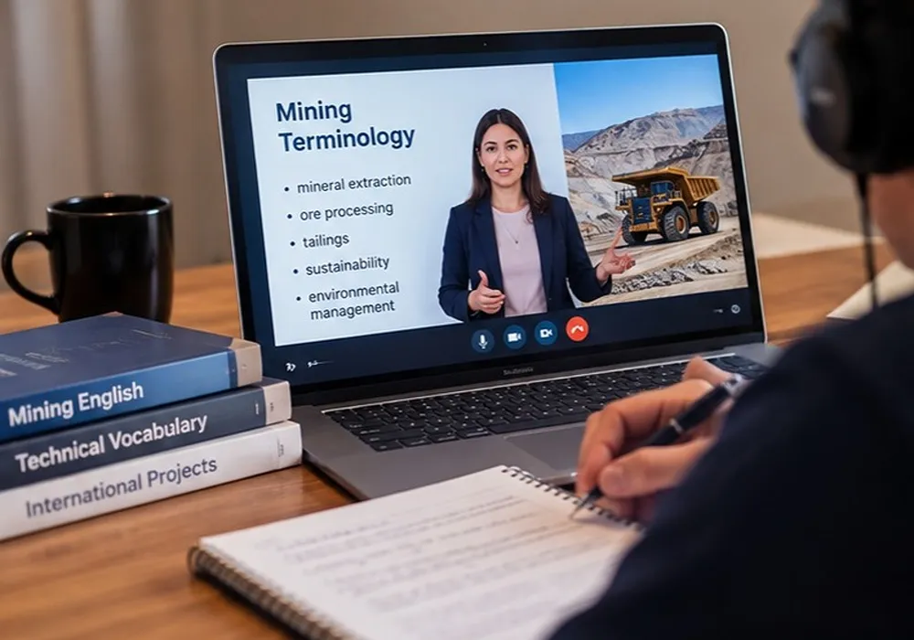 Profesional participa de una clase virtual de inglés técnico orientada a terminología y situaciones laborales de la industria minera.