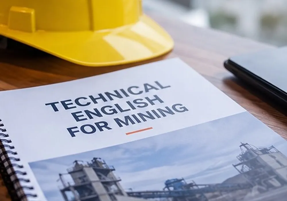 Material de estudio de inglés técnico para minería junto a un casco de seguridad, utilizado como representación de la formación lingüística especializada para profesionales del sector.