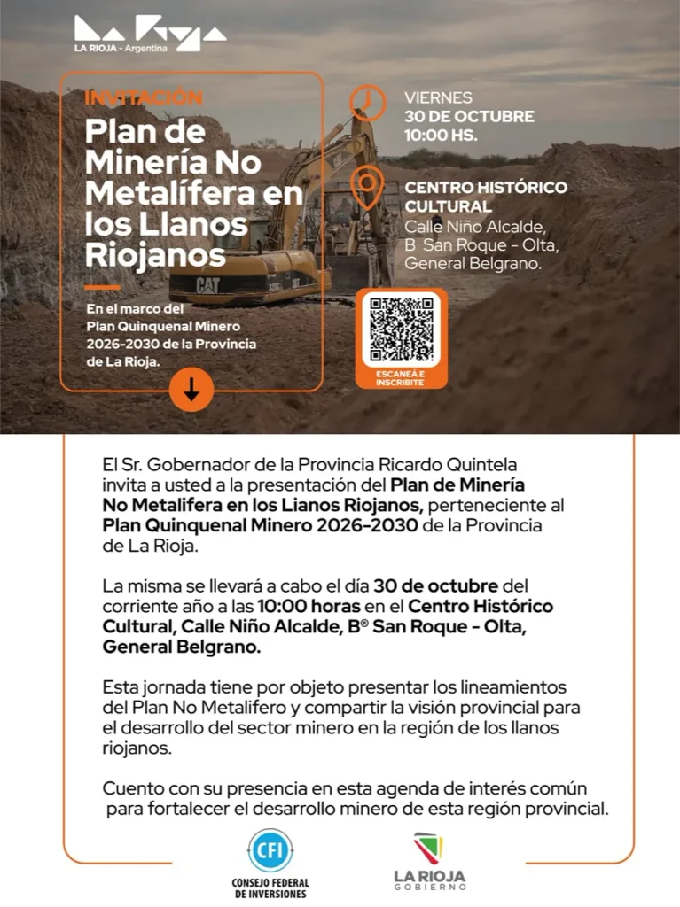 Flyer de la invitación a la presentación del Plan de Minería No metalífera de La Rioja