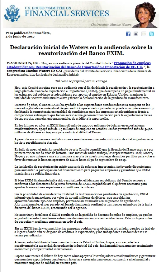 Declaración oficial de Maxine Waters sobre el bloqueo y financiamiento del EXIM Bank en 2019.