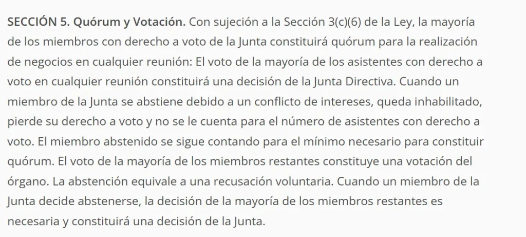 Sección 5 de los estatutos del EXIM Bank que fija el quórum obligatorio para aprobar créditos.