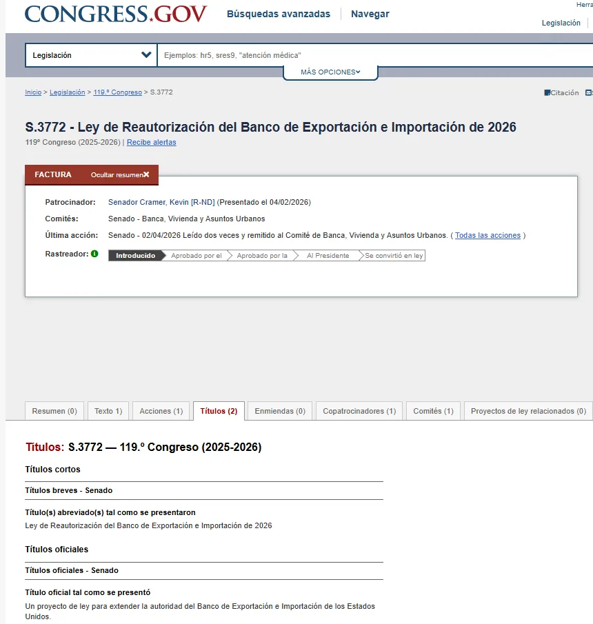Ficha oficial de Congress.gov con el proyecto S. 3772 para el financiamiento del EXIM Bank en comisión.