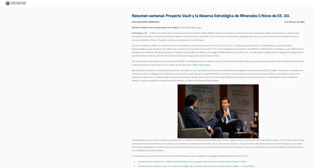 Comunicado oficial del EXIM Bank sobre el financiamiento récord para el Proyecto Vault de minerales críticos.