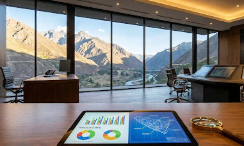 Mesa de planificación minera con planos técnicos y tabletas de análisis de riesgos frente a un ventanal con vista a los Andes.