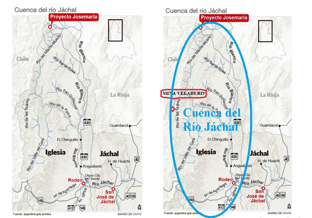 Mapa de cauces y estaciones del sistema de alerta temprana rio jachal en San Juan