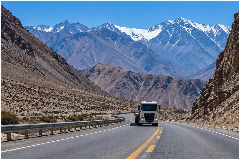 Contenido Original de ACERO Y ROCA - Prohibida su reproducción Camión circula por una ruta cordillerana de San Juan utilizada para transporte y logística asociada con proyectos mineros.