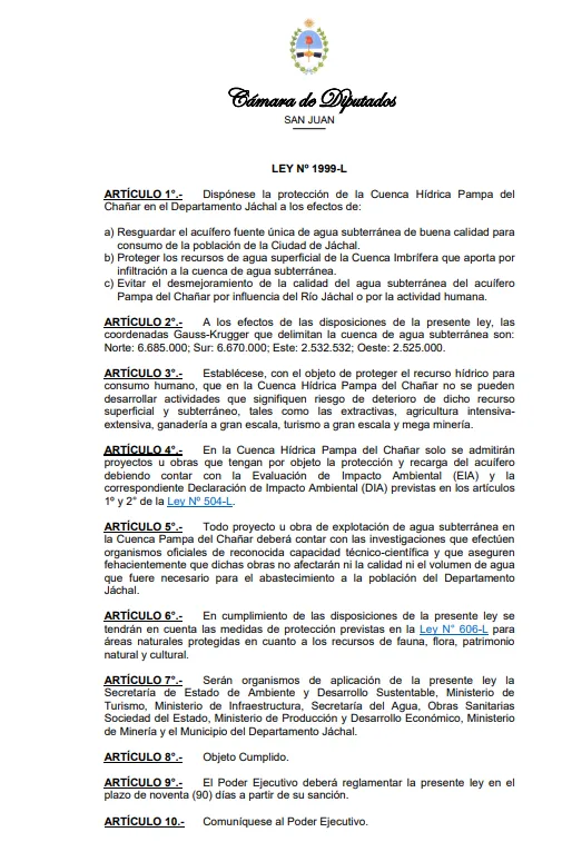 Ley 1999L que habla sobre Pampa El Chañar.