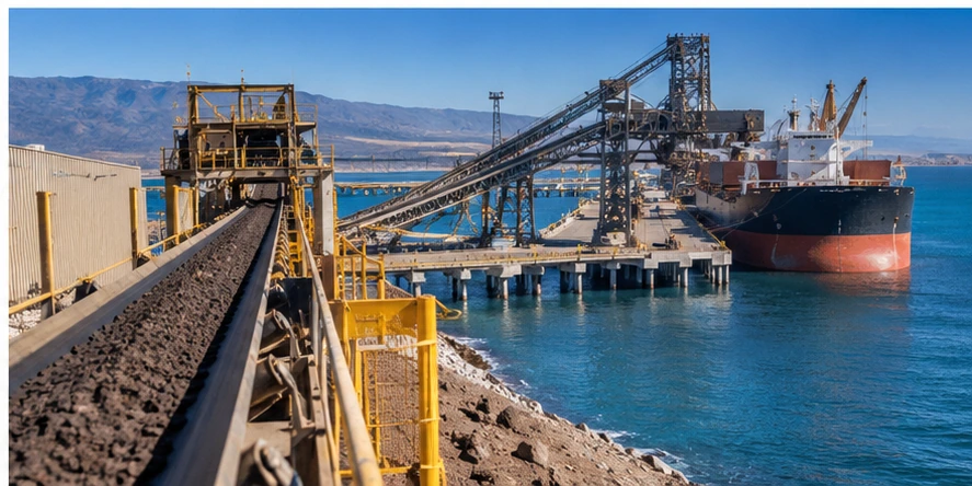 Contenido Original de ACERO Y ROCA - Prohibida su reproducción Infraestructura portuaria para carga de minerales en la costa del Pacífico, con cinta transportadora, terminal industrial y buque de carga.