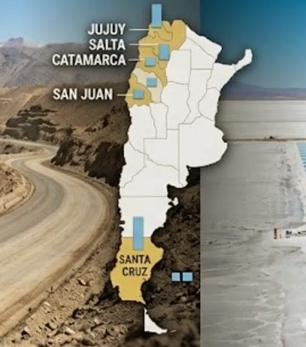 Mapa de provincias productoras y exportaciones mineras de Argentina con foco en Cuyo, NOA y Patagonia.