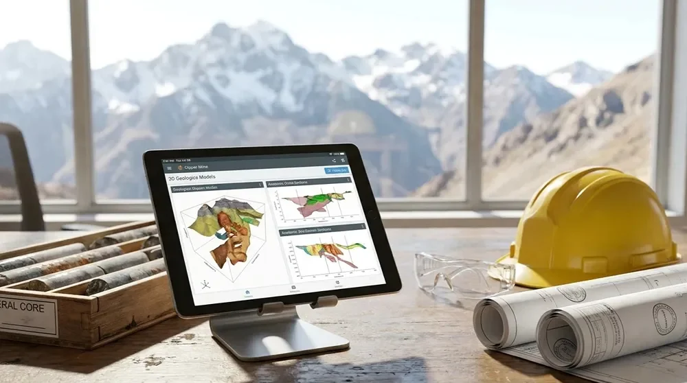 Tablet sobre escritorio con planos, casco de seguridad y testigo mineral de perforación mostrando modelos geológicos 3D con la Cordillera de los Andes de fondo.