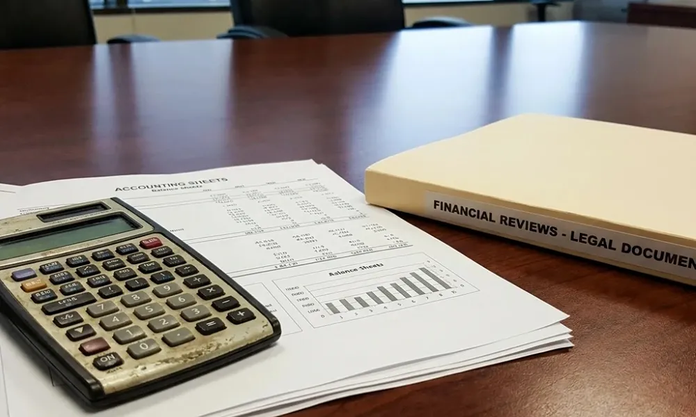 Carpeta de expediente administrativo con balances contables impresos y calculadora financiera sobre mesa de reuniones.