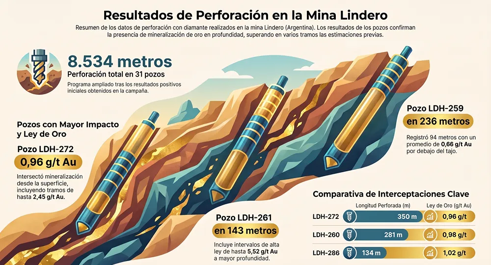 infografia sobre el resultado de perforaciones en mina lindero  octubre del 2026