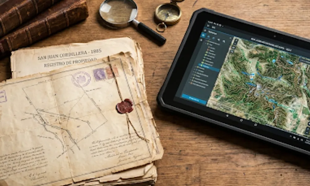 Contenido Original de ACERO Y ROCA - Prohibida su reproducción Libros de títulos inmobiliarios históricos y planos antiguos de tierras de frontera junto a cartografía digital satelital de la franja cordillerana de Calingasta.